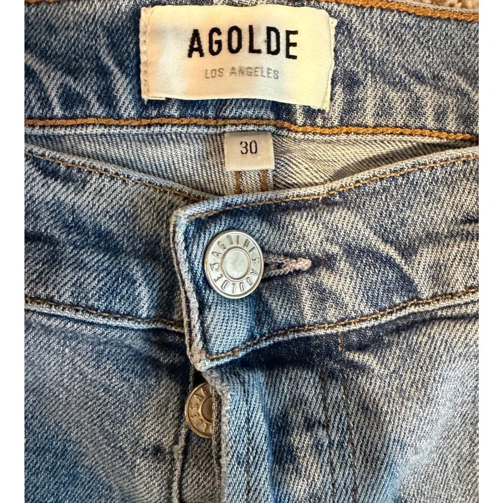 AGOLDE Nico High Rise Slim Jeans Blue Medium‎ Wash Button Fly Size 30 Distressed
